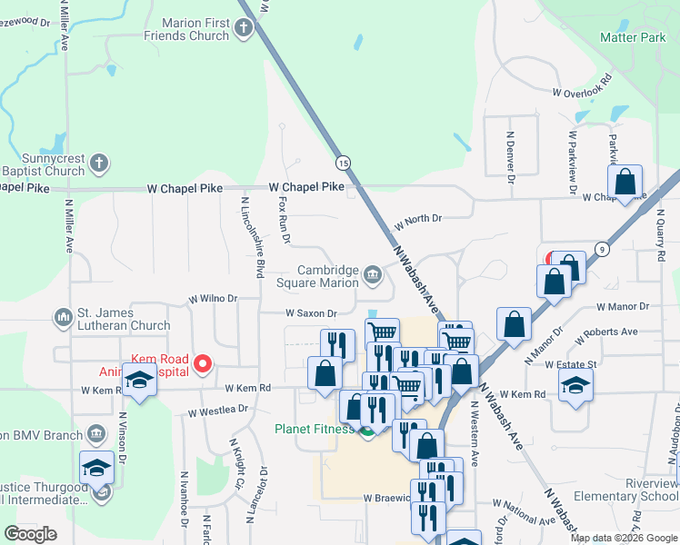 map of restaurants, bars, coffee shops, grocery stores, and more near 1412 Fox Run Drive in Marion