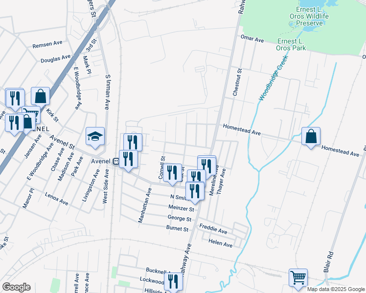 map of restaurants, bars, coffee shops, grocery stores, and more near 77 Oak Street in Woodbridge Township