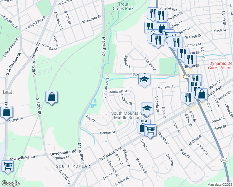 map of restaurants, bars, coffee shops, grocery stores, and more near 754 Mohawk Street in Allentown