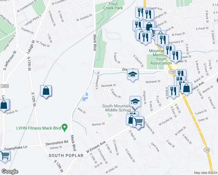 map of restaurants, bars, coffee shops, grocery stores, and more near 744 Mohawk Street in Allentown
