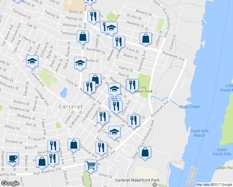 map of restaurants, bars, coffee shops, grocery stores, and more near 143 Emerson Street in Carteret