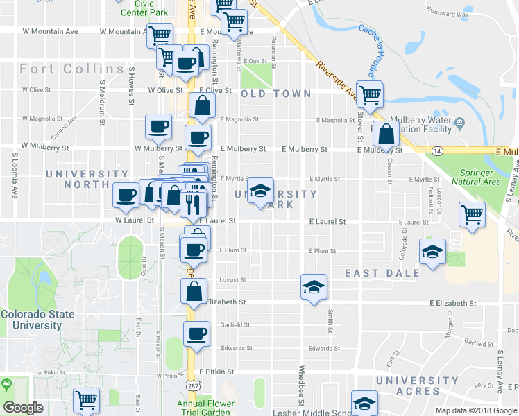 map of restaurants, bars, coffee shops, grocery stores, and more near 704 Mathews Street in Fort Collins