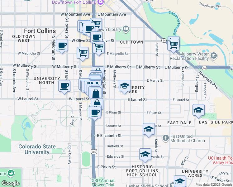 map of restaurants, bars, coffee shops, grocery stores, and more near 704 Mathews Street in Fort Collins