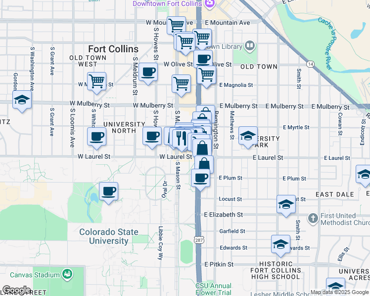 map of restaurants, bars, coffee shops, grocery stores, and more near in Fort Collins
