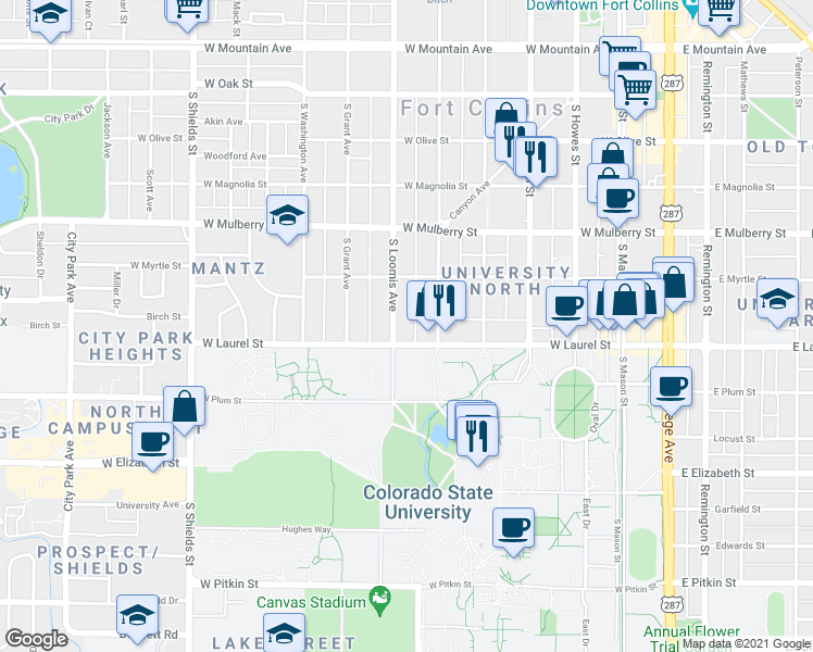 map of restaurants, bars, coffee shops, grocery stores, and more near in Fort Collins