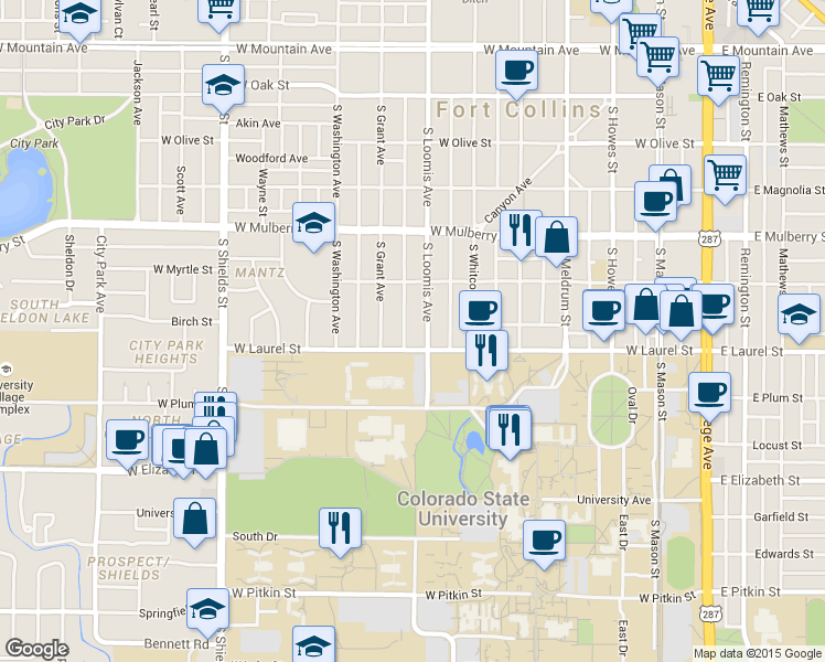 map of restaurants, bars, coffee shops, grocery stores, and more near 712 West Laurel Street in Fort Collins