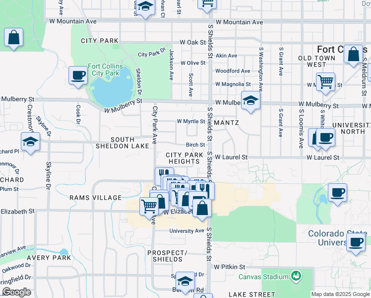 map of restaurants, bars, coffee shops, grocery stores, and more near 1300 Baystone Drive in Fort Collins