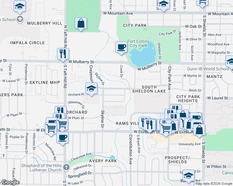 map of restaurants, bars, coffee shops, grocery stores, and more near 1812 Broadview Place in Fort Collins
