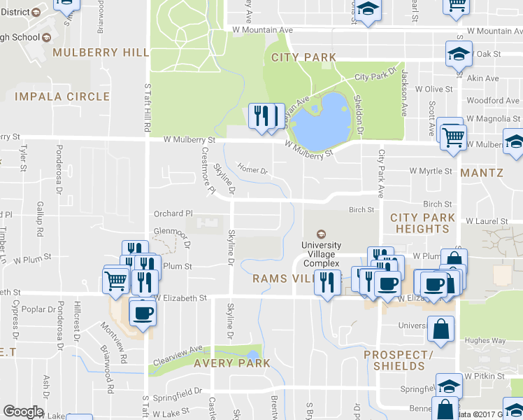 map of restaurants, bars, coffee shops, grocery stores, and more near 1812 Broadview Place in Fort Collins