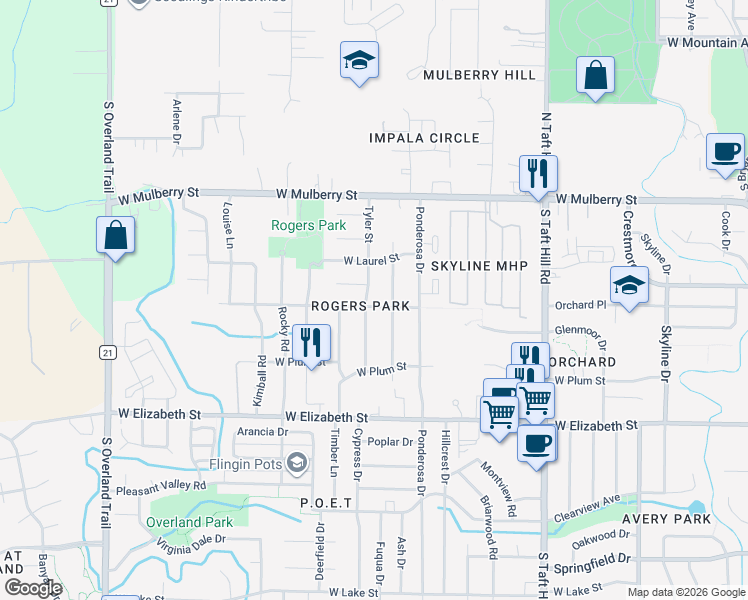 map of restaurants, bars, coffee shops, grocery stores, and more near 805 Tyler Street in Fort Collins