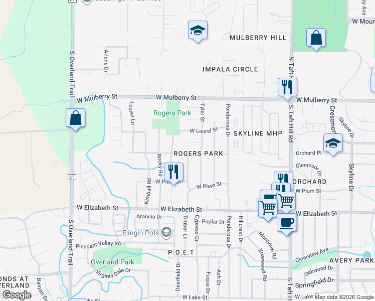map of restaurants, bars, coffee shops, grocery stores, and more near 2537 Orchard Place in Fort Collins