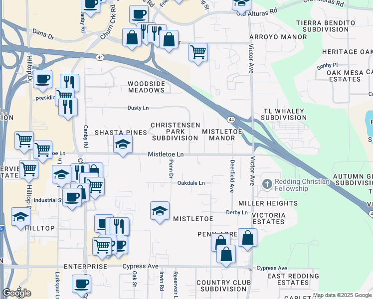 map of restaurants, bars, coffee shops, grocery stores, and more near 1445 Mistletoe Lane in Redding