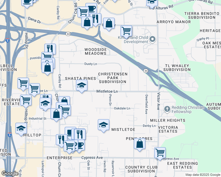 map of restaurants, bars, coffee shops, grocery stores, and more near 2030 Penn Drive in Redding