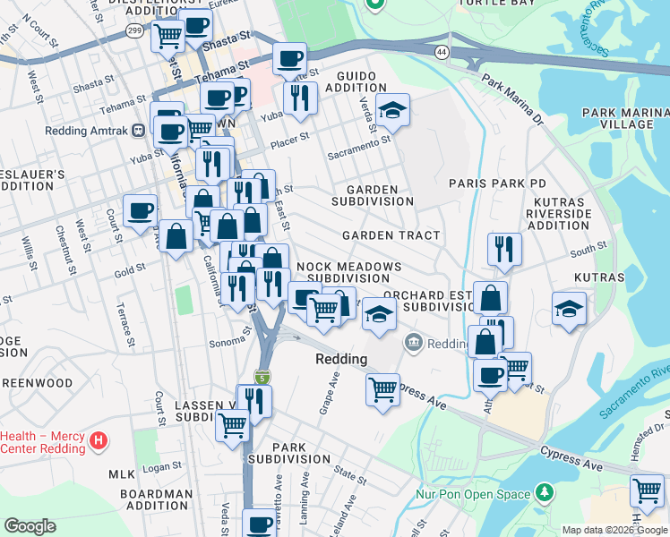 map of restaurants, bars, coffee shops, grocery stores, and more near 888 Locust Street in Redding