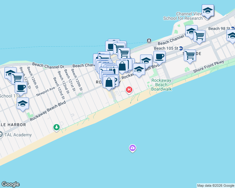 map of restaurants, bars, coffee shops, grocery stores, and more near 124 Beach 116th Street in Queens