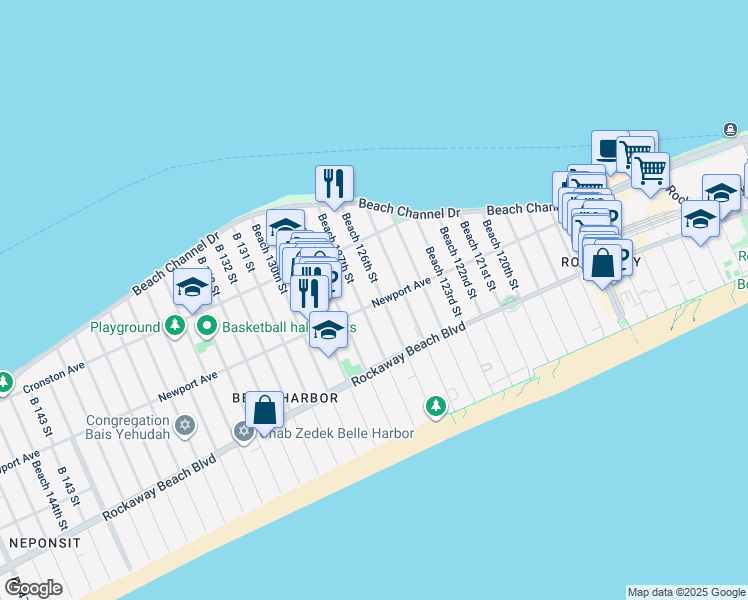 map of restaurants, bars, coffee shops, grocery stores, and more near 239 Beach 126th Street in Queens