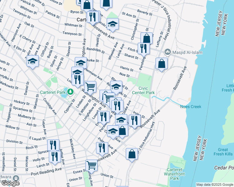 map of restaurants, bars, coffee shops, grocery stores, and more near 143 Emerson Street in Carteret