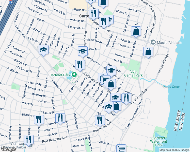 map of restaurants, bars, coffee shops, grocery stores, and more near 108 Washington Avenue in Carteret