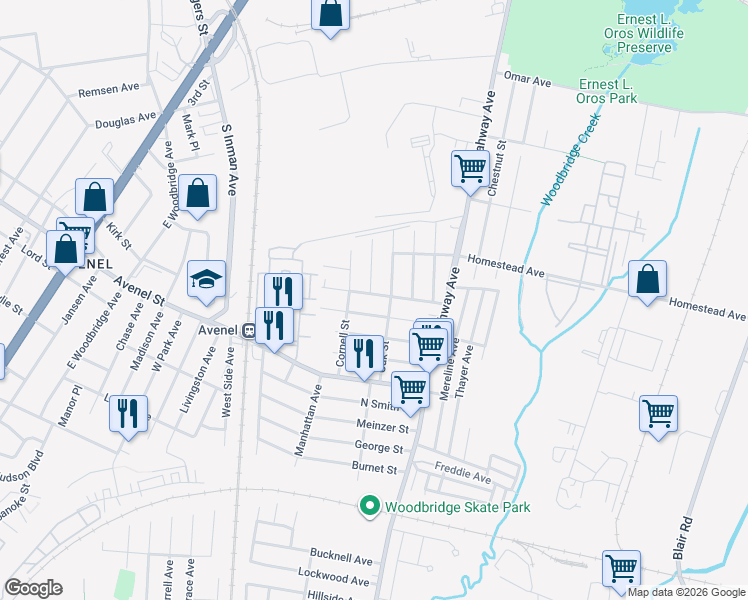 map of restaurants, bars, coffee shops, grocery stores, and more near 67 Lehigh Avenue in Woodbridge Township