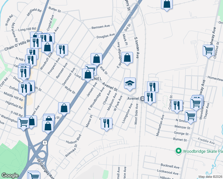 map of restaurants, bars, coffee shops, grocery stores, and more near 4 Madison Avenue in Woodbridge Township