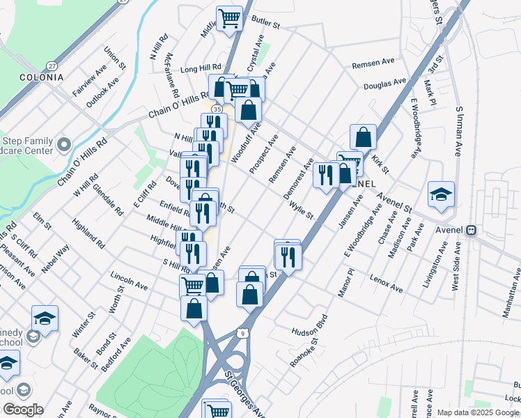 map of restaurants, bars, coffee shops, grocery stores, and more near 119 Demorest Avenue in Woodbridge Township