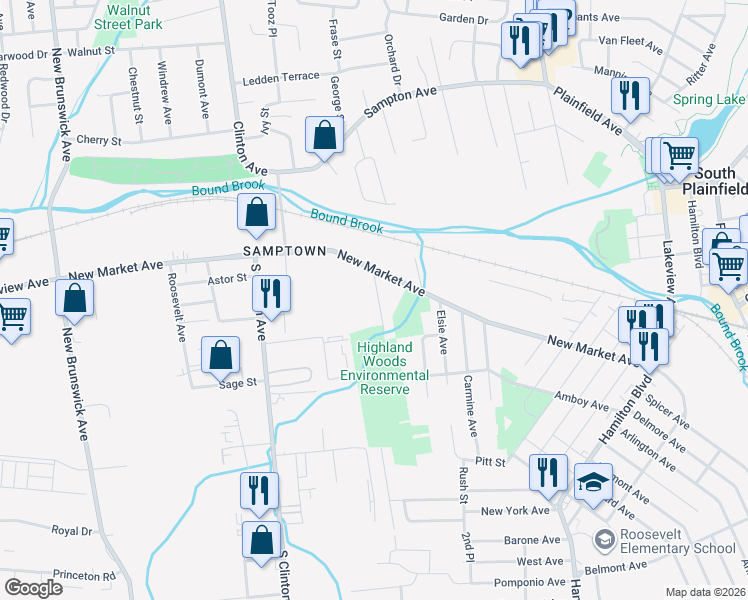 map of restaurants, bars, coffee shops, grocery stores, and more near 444 Highland Avenue in South Plainfield