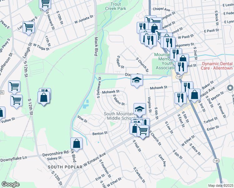 map of restaurants, bars, coffee shops, grocery stores, and more near 1932 South Idaho Street in Allentown