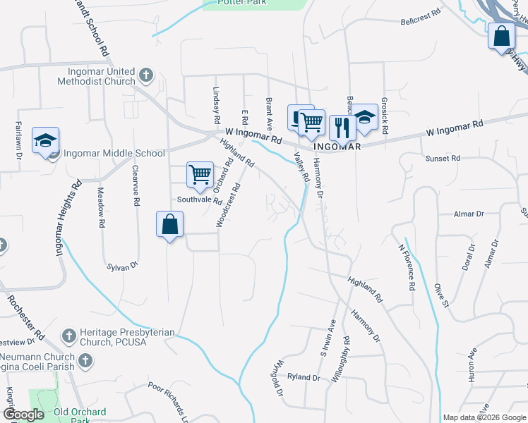 map of restaurants, bars, coffee shops, grocery stores, and more near 307 Olde Ingomar Court in Pittsburgh