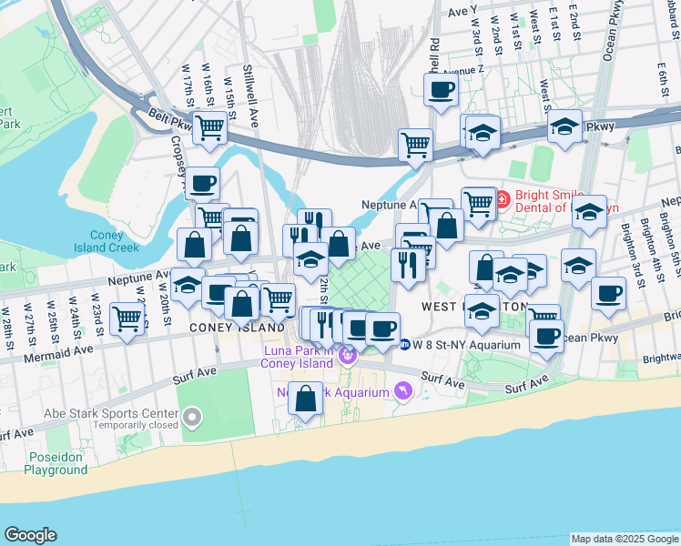 map of restaurants, bars, coffee shops, grocery stores, and more near 2821 West 12th Street in Brooklyn