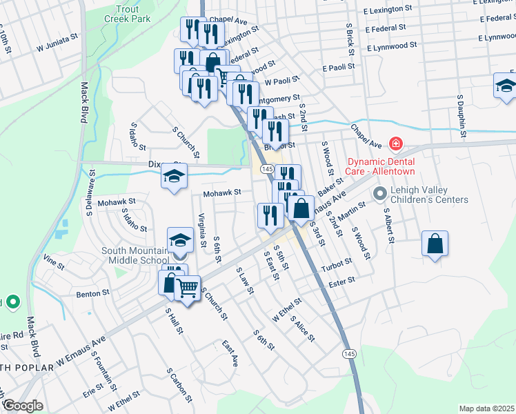 map of restaurants, bars, coffee shops, grocery stores, and more near 1949 South 5th Street in Allentown