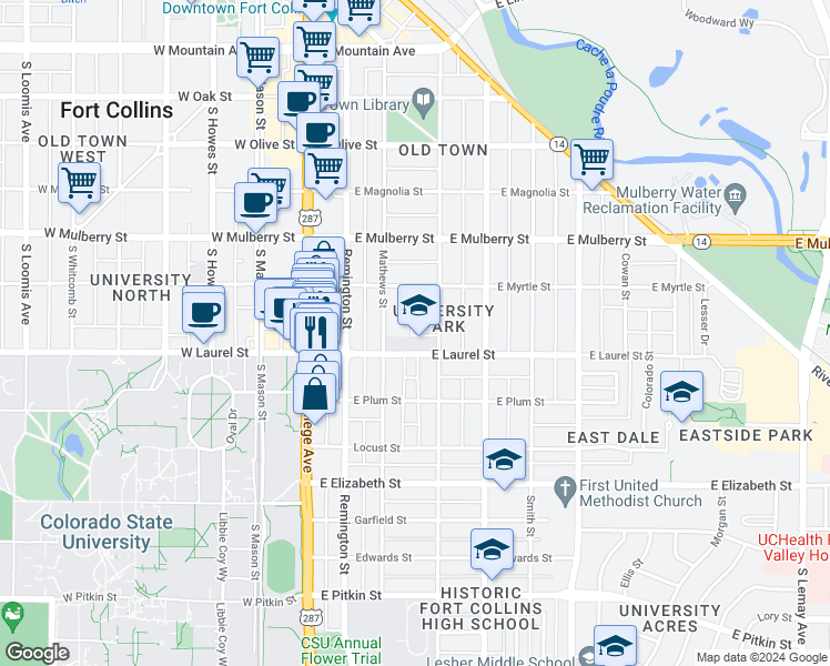 map of restaurants, bars, coffee shops, grocery stores, and more near 639 Peterson Street in Fort Collins