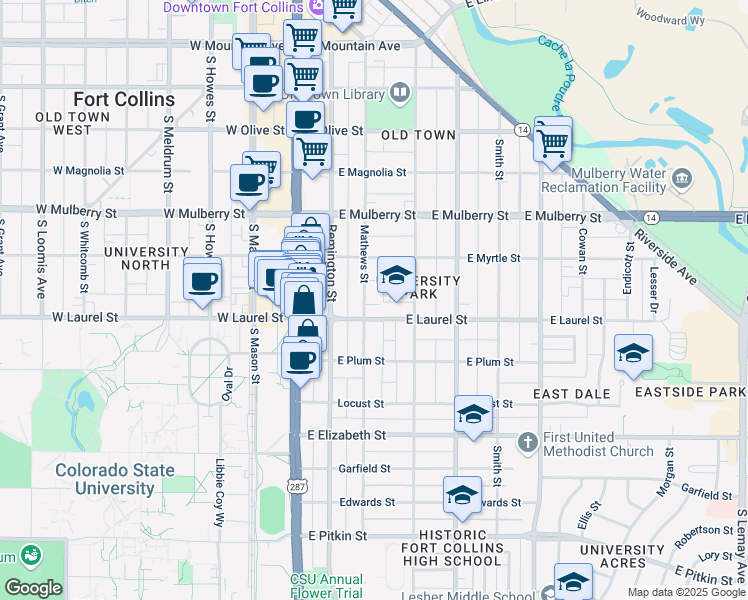 map of restaurants, bars, coffee shops, grocery stores, and more near 634 Mathews Street in Fort Collins
