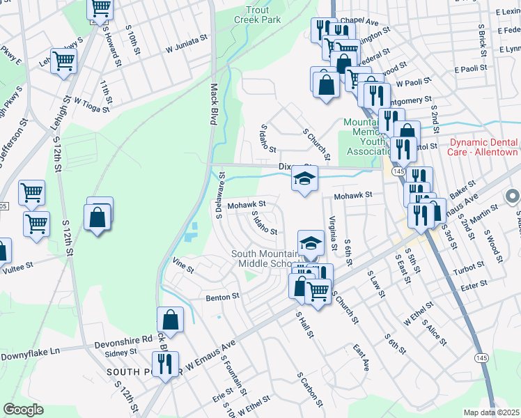 map of restaurants, bars, coffee shops, grocery stores, and more near 1932 South Idaho Street in Allentown