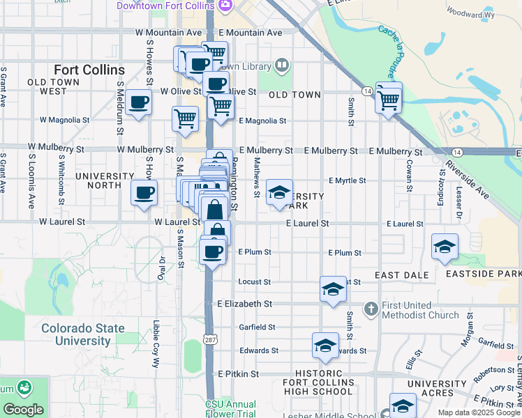 map of restaurants, bars, coffee shops, grocery stores, and more near 704 Mathews Street in Fort Collins