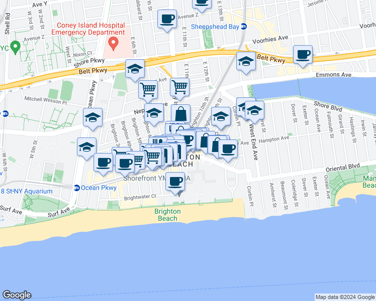 map of restaurants, bars, coffee shops, grocery stores, and more near 180 Brighton 11th Street in Brooklyn