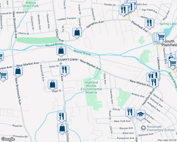map of restaurants, bars, coffee shops, grocery stores, and more near 444 Highland Avenue in South Plainfield