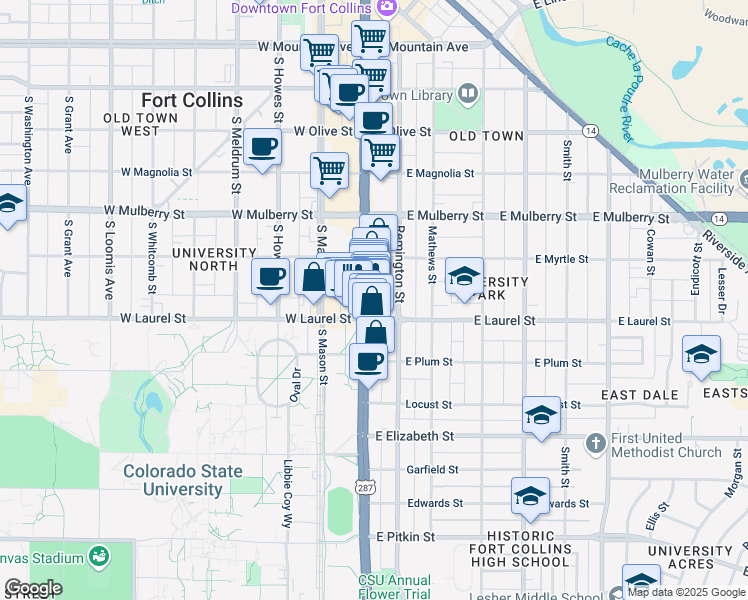 map of restaurants, bars, coffee shops, grocery stores, and more near 107 East Laurel Street in Fort Collins