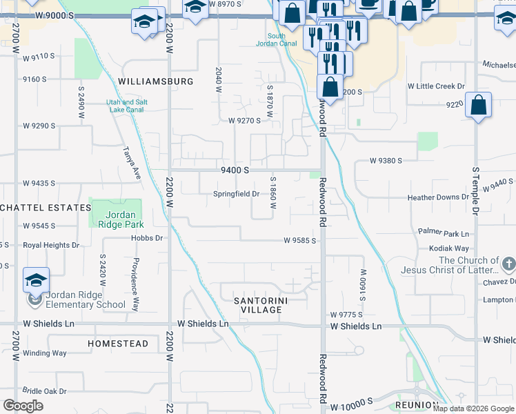 map of restaurants, bars, coffee shops, grocery stores, and more near 1877 West 9525 South in South Jordan