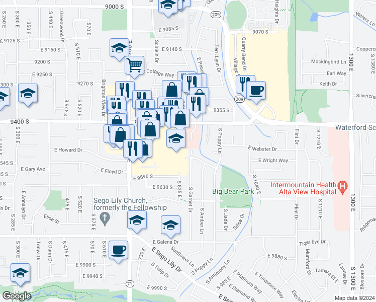 map of restaurants, bars, coffee shops, grocery stores, and more near 9506 South Garnet Drive in Sandy
