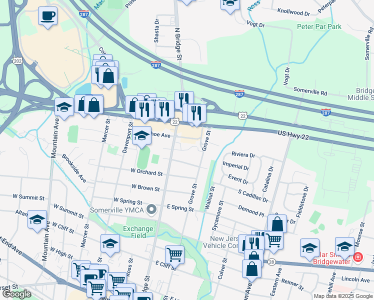 map of restaurants, bars, coffee shops, grocery stores, and more near 23 King Arthurs Court in Bridgewater