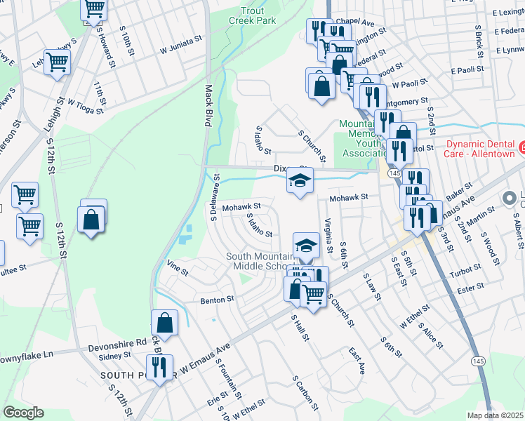 map of restaurants, bars, coffee shops, grocery stores, and more near 710 Mohawk Street in Allentown
