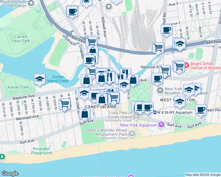 map of restaurants, bars, coffee shops, grocery stores, and more near 1402 Neptune Avenue in Brooklyn