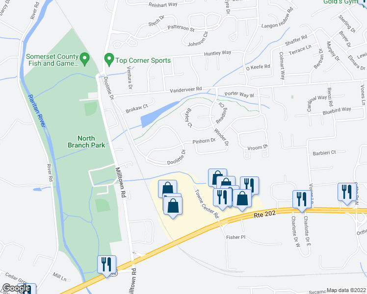 map of restaurants, bars, coffee shops, grocery stores, and more near 2203 Doolittle Drive in Bridgewater Township