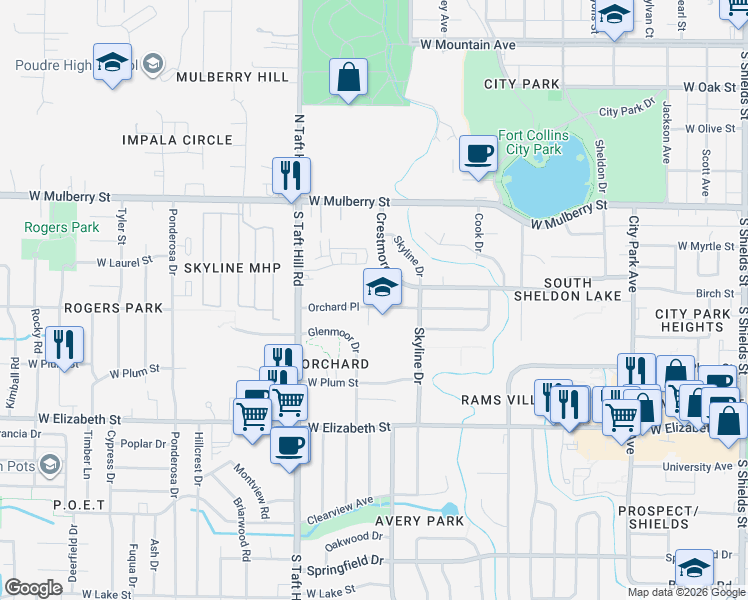 map of restaurants, bars, coffee shops, grocery stores, and more near 1915 Raven View Road in Fort Collins