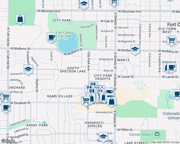 map of restaurants, bars, coffee shops, grocery stores, and more near 1331 Birch Street in Fort Collins