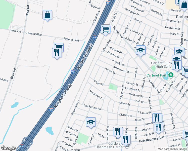 map of restaurants, bars, coffee shops, grocery stores, and more near 11 Kubala Avenue in Carteret