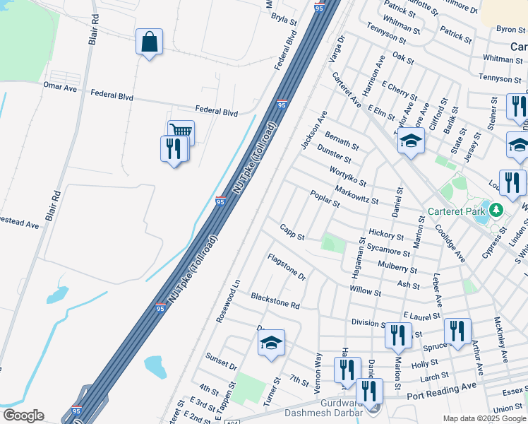 map of restaurants, bars, coffee shops, grocery stores, and more near 77 Jackson Avenue in Carteret