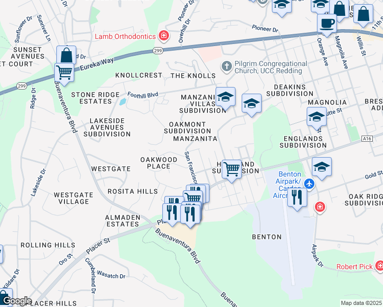 map of restaurants, bars, coffee shops, grocery stores, and more near 1505 San Francisco Street in Redding