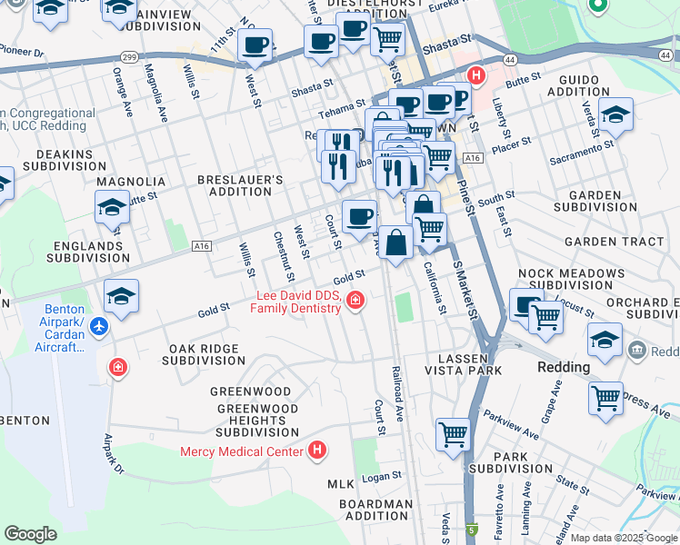 map of restaurants, bars, coffee shops, grocery stores, and more near 1901 Court Street in Redding