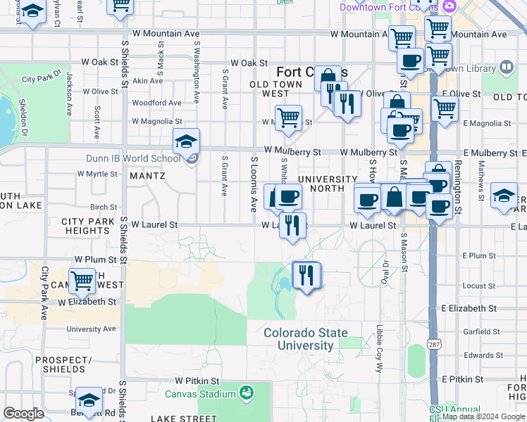 map of restaurants, bars, coffee shops, grocery stores, and more near 617 South Whitcomb Street in Fort Collins